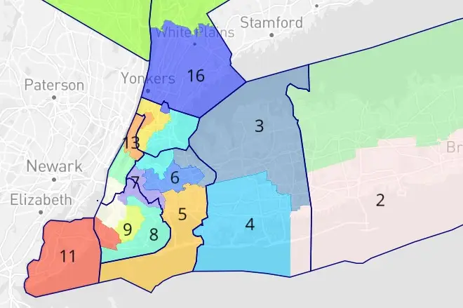 A map of New York's new court-ordered congressional districts in the New York City area.